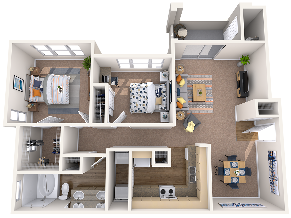 Floor plan for 2 beds, 1 bath, 970 sqft
